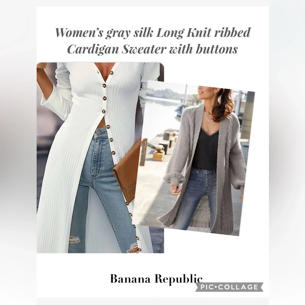 Banana Republic Women gray silk Long Knit ribbed Cardi Sweater buttons